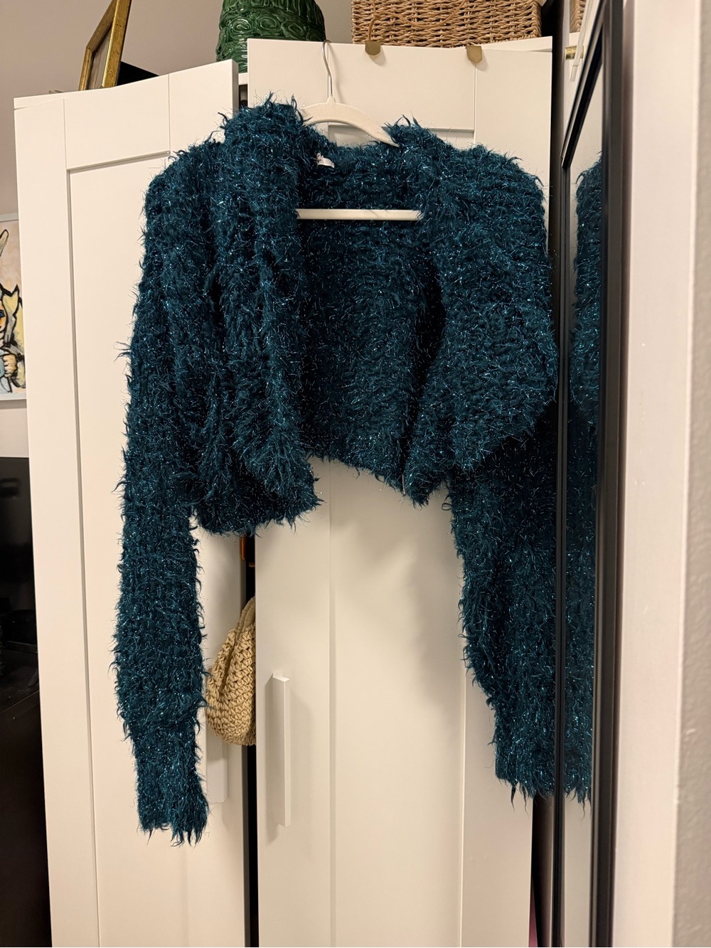 Urban Outfitters Teal Fuzzy Cropped Sweater Cardigan